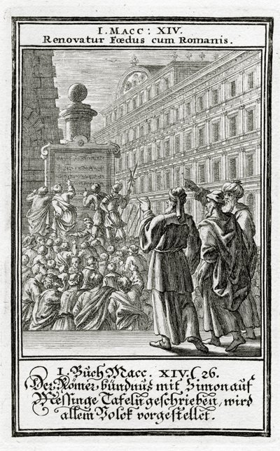 La alianza romana con Simón, escrita en tablas de bronce, es presentada al pueblo, 1 Macabeos 14:26, 1695 de Christoph Weigel